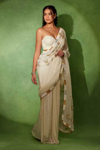 Shop_Soniya G_White Georgette, Organza Sweetheart Sitara Ivory Pre-draped Saree With Bustier _Online_at_Aza_Fashions