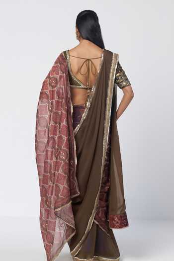 Rishi And Vibhuti Goblet Printed Saree With Embellished Blouse