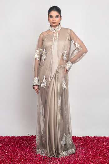Daljit Sudan Embroidered Taupe Saree Set With Long Jacket 