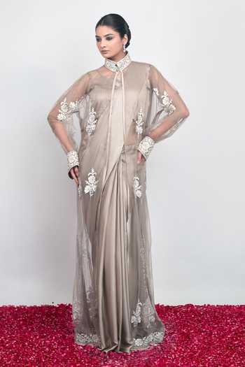 Daljit Sudan Embroidered Taupe Saree Set With Long Jacket 