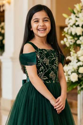 Petite Pomme_Green Net, Velvet Sequin Embroidered Dress _Online_at_Aza_Fashions