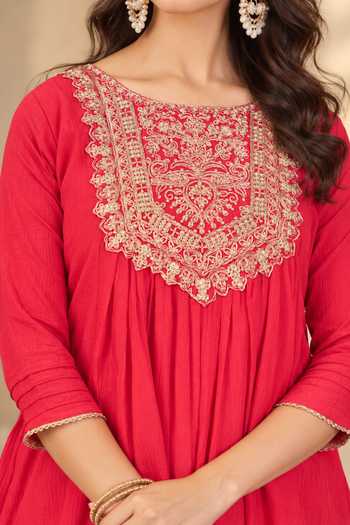 Jhambthreads_Red Silk Square Neck Thread Embroidered Anarkali And Palazzo Set _Online_at_Aza_Fashions