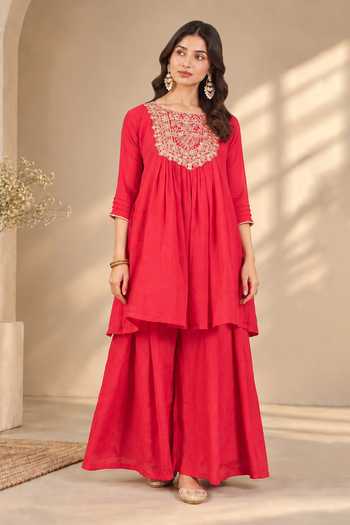 Buy_Jhambthreads_Red Silk Square Neck Thread Embroidered Anarkali And Palazzo Set _Online_at_Aza_Fashions