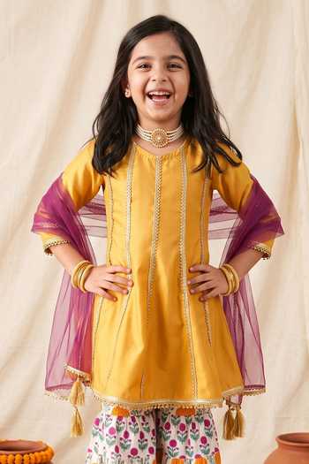 Petite Pomme Yellow Rayon, Cotton, Net Embroidered Kurta Set Online at Aza Fashions Petite Pomme_Yellow Rayon, Cotton, Net Embroidered Kurta Set _Online_at_Aza_Fashions