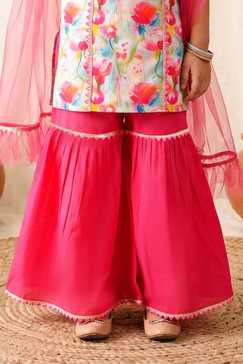 Petite Pomme Pink Rayon, Cotton, Net Printed Kurta Sharara Set Online at Aza Fashions Petite Pomme_Pink Rayon, Cotton, Net Printed Kurta Sharara Set _Online_at_Aza_Fashions