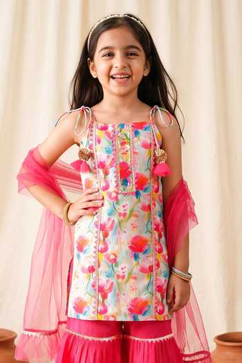 Buy Petite Pomme Pink Rayon, Cotton, Net Printed Kurta Sharara Set Online at Aza Fashions Buy_Petite Pomme_Pink Rayon, Cotton, Net Printed Kurta Sharara Set _Online_at_Aza_Fashions