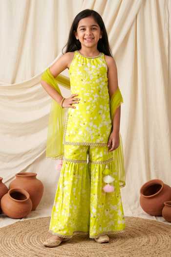Buy Petite Pomme Green Rayon, Net Printed Kurta Sharara Set Online at Aza Fashions Buy_Petite Pomme_Green Rayon, Net Printed Kurta Sharara Set _Online_at_Aza_Fashions