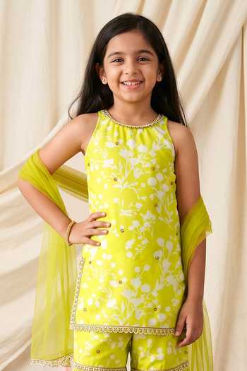 Shop Petite Pomme Green Rayon, Net Printed Kurta Sharara Set Online at Aza Fashions Shop_Petite Pomme_Green Rayon, Net Printed Kurta Sharara Set _Online_at_Aza_Fashions