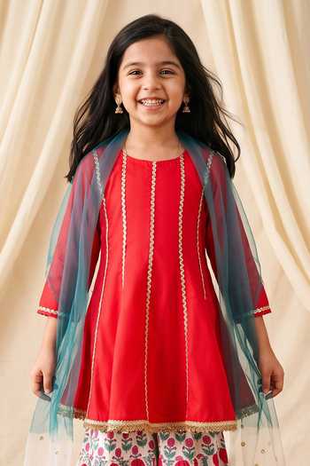 Petite Pomme Red Rayon, Cotton, Net Printed Kurta Set Online at Aza Fashions Petite Pomme_Red Rayon, Cotton, Net Printed Kurta Set _Online_at_Aza_Fashions
