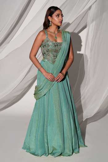 Buy Kiyohra Green Tissue Embroidery Square Neck Jade Draped Lehenga Saree With Blouse Buy_Kiyohra_Green Tissue Embroidery Square Neck Jade Draped Lehenga Saree With Blouse