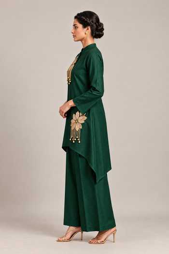 Label Flamingo By Vrinda Green Silk Mandarin Collar Kurta And Pant Set Online at Aza Fashions Label Flamingo By Vrinda_Green Silk Mandarin Collar Kurta And Pant Set _Online_at_Aza_Fashions