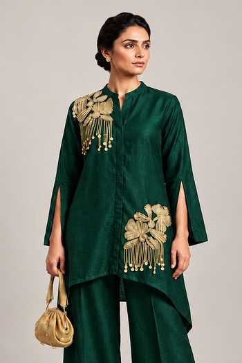 Buy Label Flamingo By Vrinda Green Silk Mandarin Collar Kurta And Pant Set Online at Aza Fashions Buy_Label Flamingo By Vrinda_Green Silk Mandarin Collar Kurta And Pant Set _Online_at_Aza_Fashions