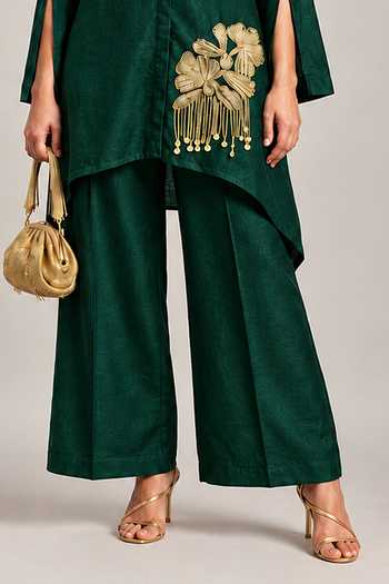 Shop Label Flamingo By Vrinda Green Silk Mandarin Collar Kurta And Pant Set Online at Aza Fashions Shop_Label Flamingo By Vrinda_Green Silk Mandarin Collar Kurta And Pant Set _Online_at_Aza_Fashions
