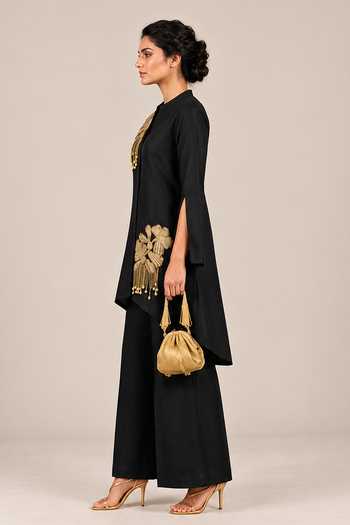 Label Flamingo By Vrinda Black Silk Mandarin Collar, Yes Kurta And Palazzo Set Online at Aza Fashions Label Flamingo By Vrinda_Black Silk Mandarin Collar, Yes Kurta And Palazzo Set _Online_at_Aza_Fashions