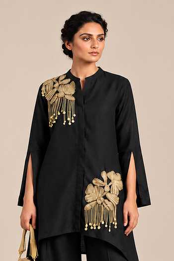 Buy Label Flamingo By Vrinda Black Silk Mandarin Collar, Yes Kurta And Palazzo Set Online at Aza Fashions Buy_Label Flamingo By Vrinda_Black Silk Mandarin Collar, Yes Kurta And Palazzo Set _Online_at_Aza_Fashions