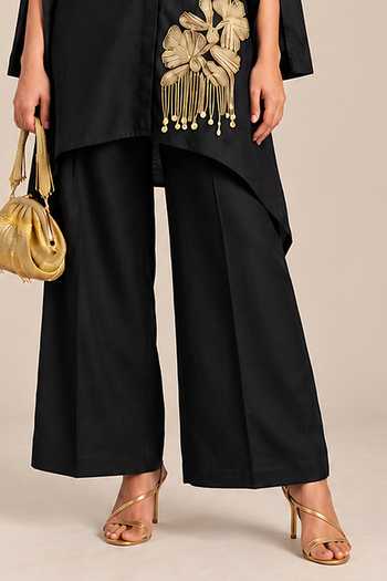 Shop Label Flamingo By Vrinda Black Silk Mandarin Collar, Yes Kurta And Palazzo Set Online at Aza Fashions Shop_Label Flamingo By Vrinda_Black Silk Mandarin Collar, Yes Kurta And Palazzo Set _Online_at_Aza_Fashions