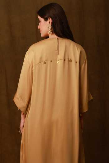 Afriya Gold Organza, Satin, Chanderi Silk Round Neck Embroidered Kaftan And Pant Set at Aza Fashions Afriya_Gold Organza, Satin, Chanderi Silk Round Neck Embroidered Kaftan And Pant Set _at_Aza_Fashions