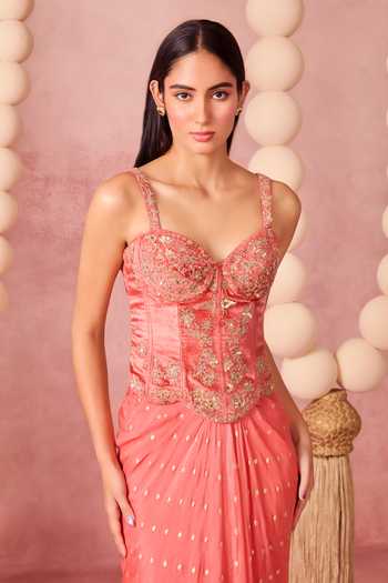 Chamee & Palak_Coral Organza, Georgette, Velvet Roop Embroidered Cape Draped Skirt Set _Online_at_Aza_Fashions