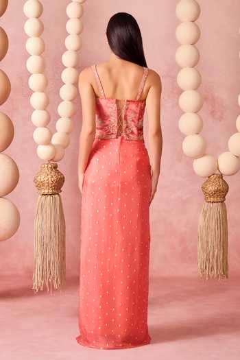 Buy_Chamee & Palak_Coral Organza, Georgette, Velvet Roop Embroidered Cape Draped Skirt Set _Online_at_Aza_Fashions