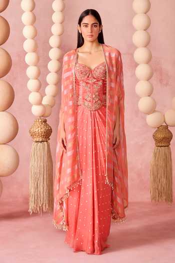 Shop_Chamee & Palak_Coral Organza, Georgette, Velvet Roop Embroidered Cape Draped Skirt Set _Online_at_Aza_Fashions