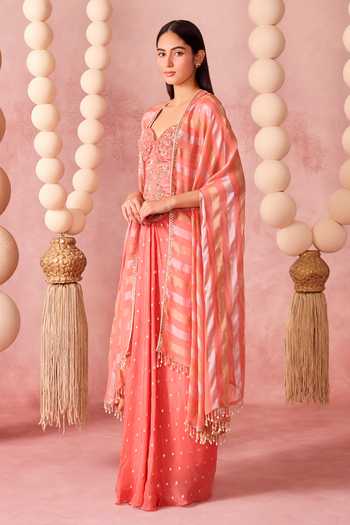 Chamee & Palak_Coral Organza, Georgette, Velvet Roop Embroidered Cape Draped Skirt Set _at_Aza_Fashions