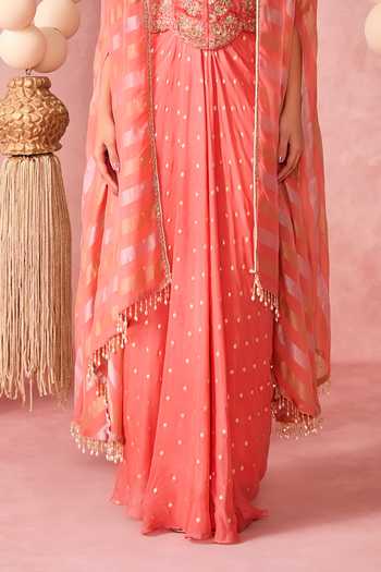 Buy_Chamee & Palak_Coral Organza, Georgette, Velvet Roop Embroidered Cape Draped Skirt Set 