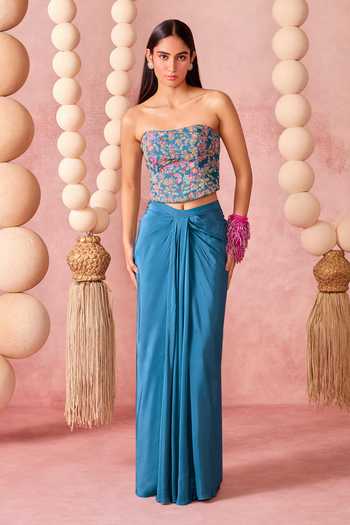 Chamee & Palak Blue Silk, Organza, Crepe Embroidery, Pearls, Zari Itra Corset Skirt Set at Aza Fashions Chamee & Palak_Blue Silk, Organza, Crepe Embroidery, Pearls, Zari Itra Corset Skirt Set _at_Aza_Fashions