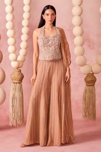 Chamee & Palak_Brown Silk, Organza, Brocade Sequins, Beads Rooh Embroidered Corset Palazzo Set _at_Aza_Fashions
