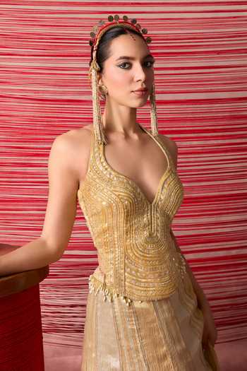Chamee & Palak Gold Tissue, Silk Organza Sequins, Beads Jugnu Embroidered Corset Lehenga Set Online at Aza Fashions Chamee & Palak_Gold Tissue, Silk Organza Sequins, Beads Jugnu Embroidered Corset Lehenga Set _Online_at_Aza_Fashions