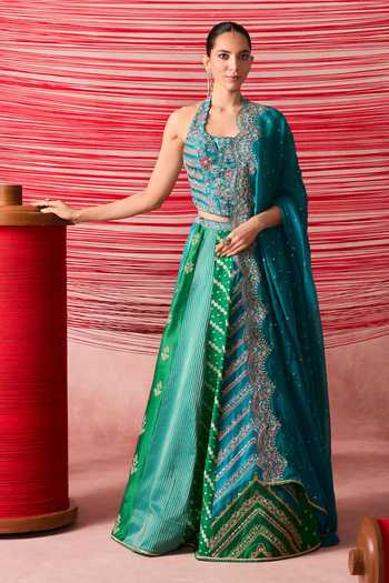 Chamee & Palak Tarang Blue Embroidered Corset Lehenga Set 