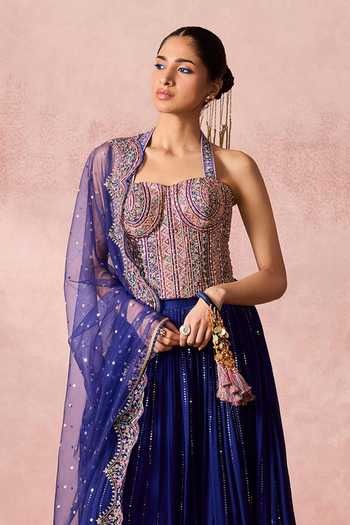 Chamee & Palak Blue Silk, Georgette, Net Halter Neck Inayat Embroidered Corset Lehenga Set Online at Aza Fashions Chamee & Palak_Blue Silk, Georgette, Net Halter Neck Inayat Embroidered Corset Lehenga Set _Online_at_Aza_Fashions