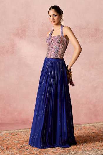 Shop Chamee & Palak Blue Silk, Georgette, Net Halter Neck Inayat Embroidered Corset Lehenga Set Online at Aza Fashions Shop_Chamee & Palak_Blue Silk, Georgette, Net Halter Neck Inayat Embroidered Corset Lehenga Set _Online_at_Aza_Fashions