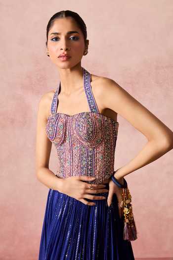 Chamee & Palak Blue Silk, Georgette, Net Halter Neck Inayat Embroidered Corset Lehenga Set at Aza Fashions Chamee & Palak_Blue Silk, Georgette, Net Halter Neck Inayat Embroidered Corset Lehenga Set _at_Aza_Fashions