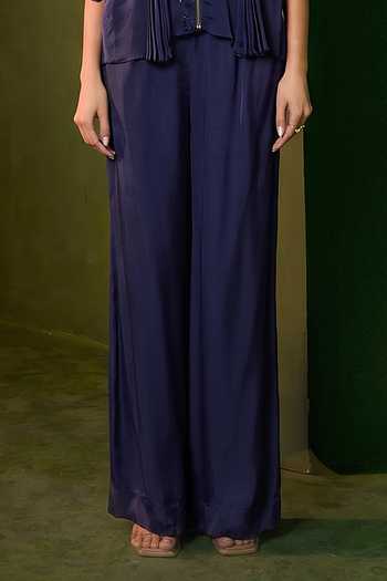 Omana By Ranjana Bothra_Blue Silk , Round Neck Isla Zipper Top And Trouser Set _Online_at_Aza_Fashions