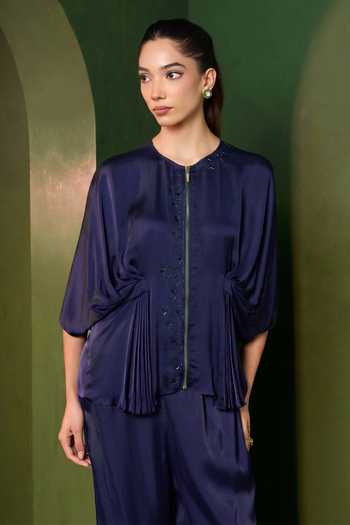 Buy_Omana By Ranjana Bothra_Blue Silk , Round Neck Isla Zipper Top And Trouser Set _Online_at_Aza_Fashions