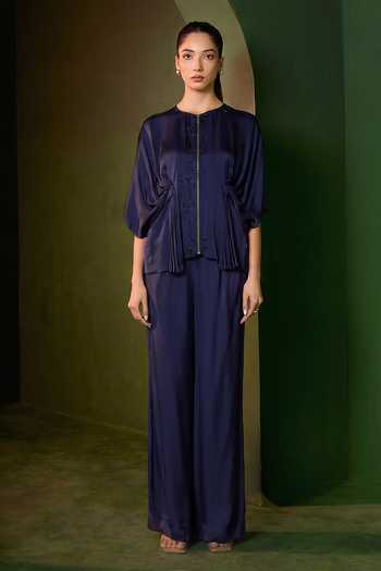 Shop_Omana By Ranjana Bothra_Blue Silk , Round Neck Isla Zipper Top And Trouser Set _Online_at_Aza_Fashions