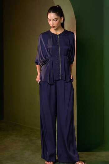 Omana By Ranjana Bothra_Blue Silk , Round Neck Isla Zipper Top And Trouser Set _at_Aza_Fashions