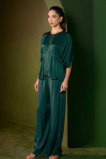 Omana By Ranjana Bothra_Emerald Green Silk , Round Neck Isla Zipper Top And Trouser Set _Online_at_Aza_Fashions