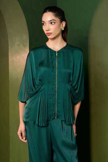 Buy_Omana By Ranjana Bothra_Emerald Green Silk , Round Neck Isla Zipper Top And Trouser Set _Online_at_Aza_Fashions