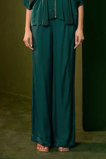 Shop_Omana By Ranjana Bothra_Emerald Green Silk , Round Neck Isla Zipper Top And Trouser Set _Online_at_Aza_Fashions