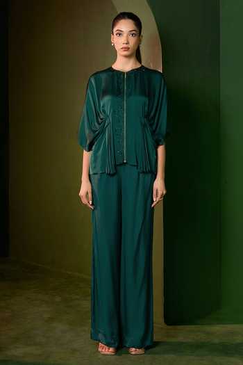 Omana By Ranjana Bothra_Emerald Green Silk , Round Neck Isla Zipper Top And Trouser Set _at_Aza_Fashions