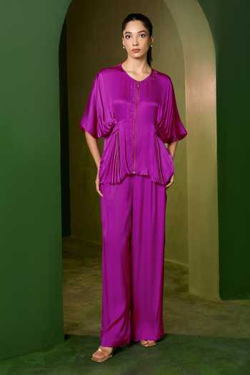 Buy_Omana By Ranjana Bothra_Pink Silk , Round Neck Isla Zipper Top And Trouser Set _Online_at_Aza_Fashions