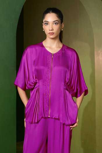 Shop_Omana By Ranjana Bothra_Pink Silk , Round Neck Isla Zipper Top And Trouser Set _Online_at_Aza_Fashions