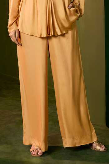 Omana By Ranjana Bothra_Gold Silk , V-neck Ivy Top And Trouser Set _Online_at_Aza_Fashions