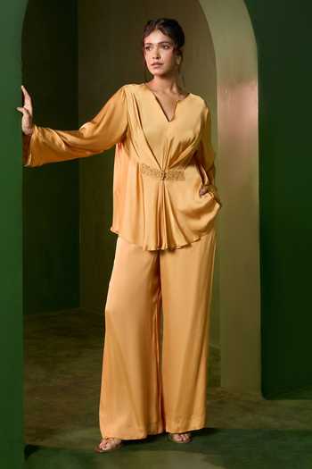 Buy_Omana By Ranjana Bothra_Gold Silk , V-neck Ivy Top And Trouser Set _Online_at_Aza_Fashions