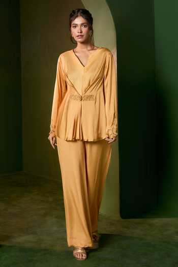 Shop_Omana By Ranjana Bothra_Gold Silk , V-neck Ivy Top And Trouser Set _Online_at_Aza_Fashions