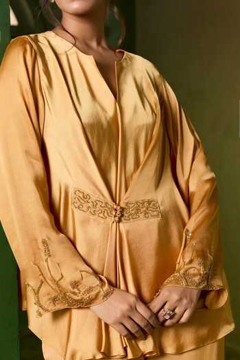 Buy_Omana By Ranjana Bothra_Gold Silk , V-neck Ivy Top And Trouser Set 