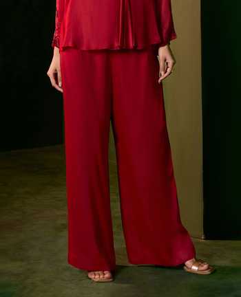 Omana By Ranjana Bothra_Red Silk , Split V-neck Ivy Waist Embellished Top And Trouser Set _Online_at_Aza_Fashions