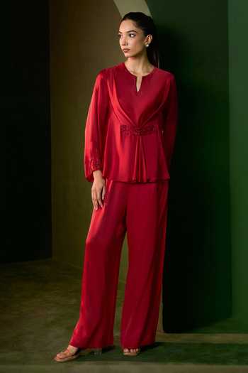 Buy_Omana By Ranjana Bothra_Red Silk , Split V-neck Ivy Waist Embellished Top And Trouser Set _Online_at_Aza_Fashions