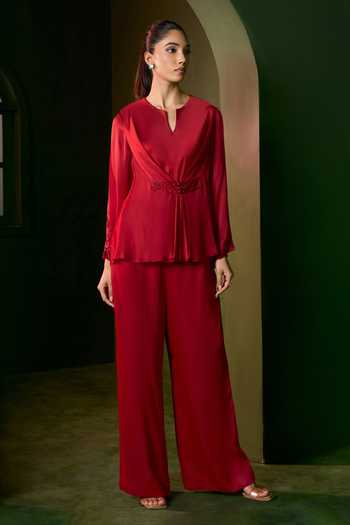 Shop_Omana By Ranjana Bothra_Red Silk , Split V-neck Ivy Waist Embellished Top And Trouser Set _Online_at_Aza_Fashions